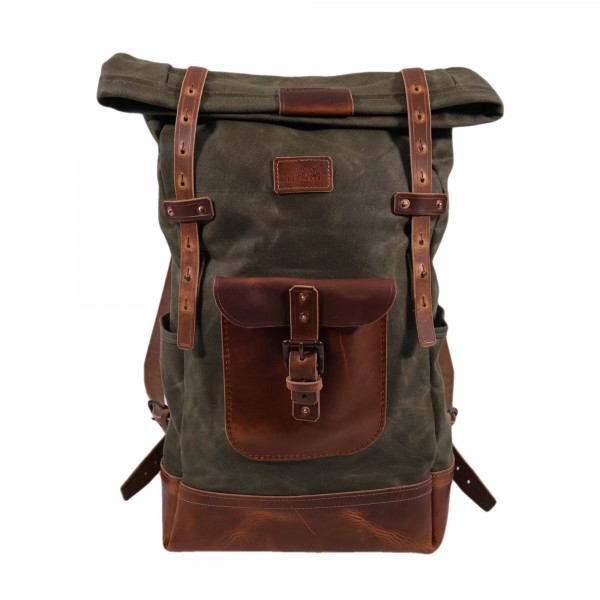 Waxed canvas backpack with roll up top and hand waxed leather bottom and  outside pocket
