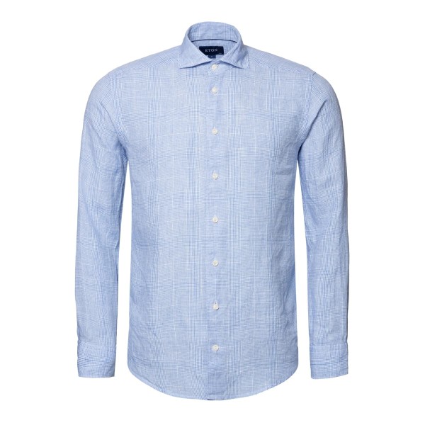 Eton Checked Linen Shirt Light Blue